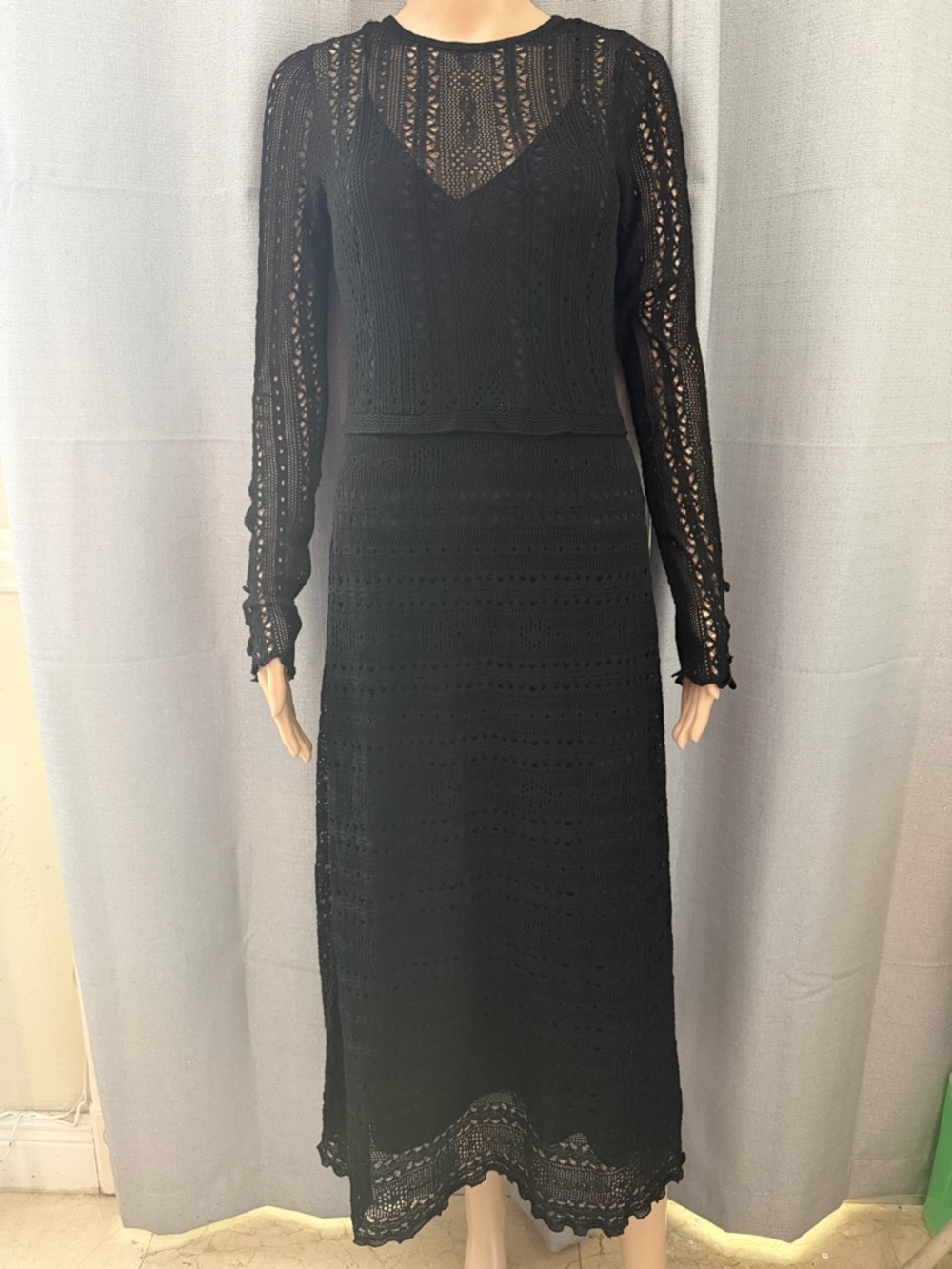 ZARA Black Lace Long Sleeve Midi Dress with Sheer Yoke - Picture 2 of 8